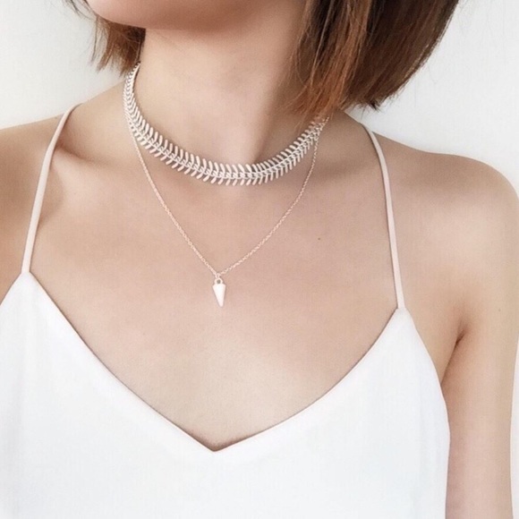 Silver Fishbone Choker Necklace 